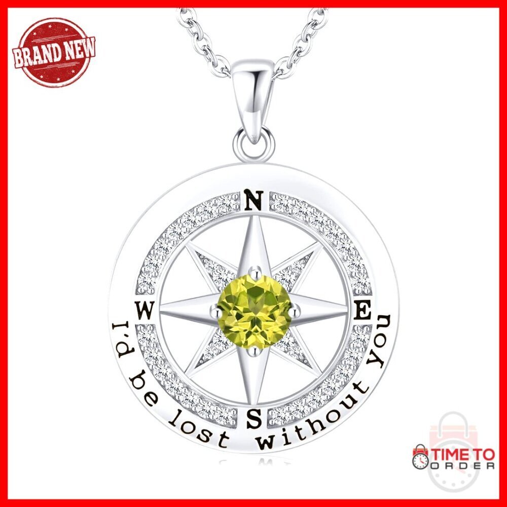 Sterling Silver Compass Necklace with Cubic Zirconia, 18.7 Inch Chain